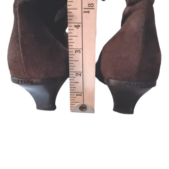 Y2K Vintage PRADA Kitten Heel Suede Boots 37 6.5 Square Toe Brown 2000's Buckle - Picture 5 of 14
